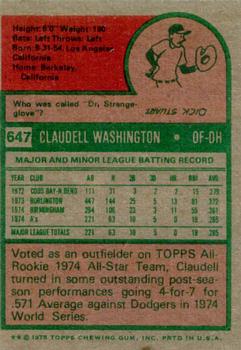 1975 Topps #647 Claudell Washington Back