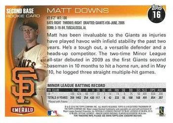 2010 Topps San Francisco Giants SGA #16 Matt Downs Back
