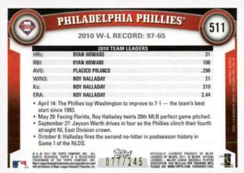 2011 Topps - Red Border #511 Philadelphia Phillies Back