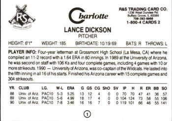 1990 Charlotte Knights #1 Lance Dickson Back