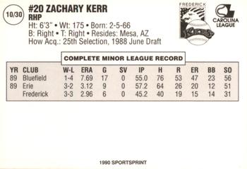 1990 SportsPrint Frederick Keys #10 Zachary Kerr Back