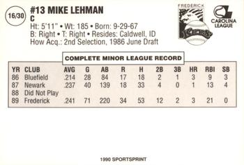 1990 SportsPrint Frederick Keys #16 Mike Lehman Back