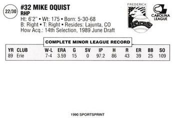 1990 SportsPrint Frederick Keys #22 Mike Oquist Back