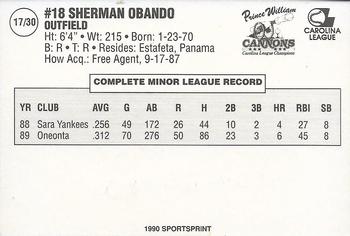 1990 SportsPrint Prince William Cannons #17 Sherman Obando Back