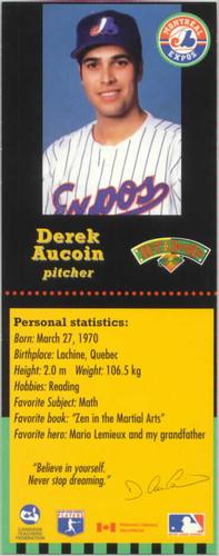 1995-96 Hit the Books Montreal Expos Bookmarks #NNO Derek Aucoin Front