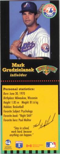 1995-96 Hit the Books Montreal Expos Bookmarks #NNO Mark Grudzielanek Front