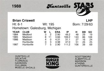 1988 Burger King Huntsville Stars #NNO Brian Criswell Back