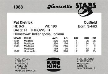 1988 Burger King Huntsville Stars #NNO Pat Dietrick Back
