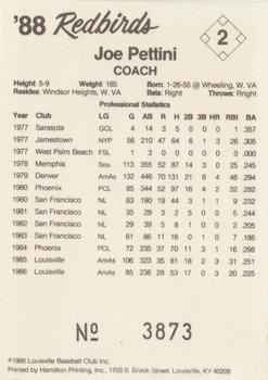 1988 Louisville Redbirds #2 Joe Pettini Back