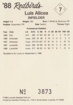 1988 Louisville Redbirds #7 Luis Alicea Back