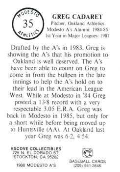 1988 Modesto A's #35 Greg Cadaret Back