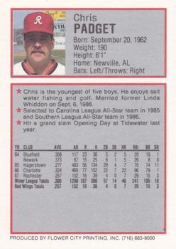 1988 Rochester Red Wings #18 Chris Padget Back