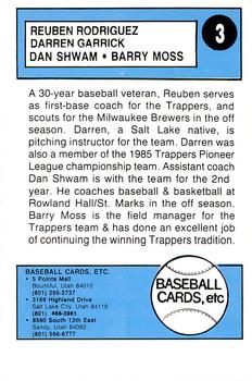 1988 Salt Lake Trappers #3 Coaches (Rueben Rodriguez / Darren Garrick / Dan Shwam / Barry Moss) Back