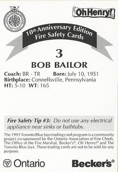 1993 Toronto Blue Jays Fire Safety #NNO Bob Bailor Back