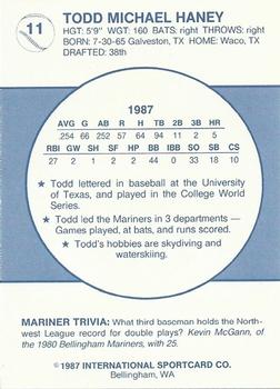 1987 Bellingham Mariners #11 Todd Haney Back