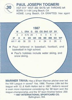 1987 Bellingham Mariners #30 Paul Togneri Back