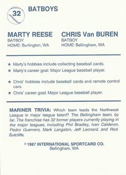 1987 Bellingham Mariners #32 Chris VanBuren / Marty Reese Back