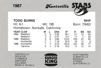 1987 Burger King Huntsville Stars #NNO Todd Burns Back