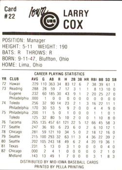 1987 Iowa Cubs #22 Larry Cox Back