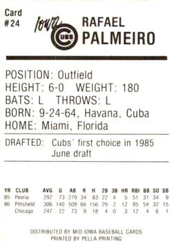 1987 Iowa Cubs #24 Rafael Palmeiro Back