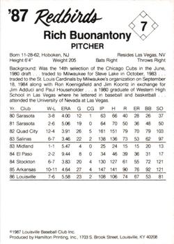 1987 Louisville Redbirds #7 Rich Buonantony Back