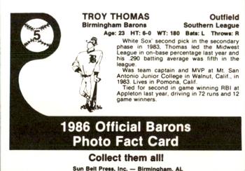 1986 Birmingham Barons #5 Troy Thomas Back