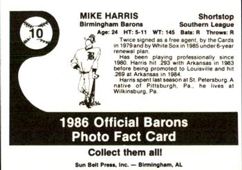 1986 Birmingham Barons #10 Mike Harris Back