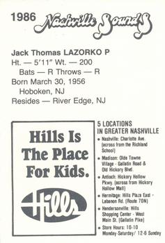 1986 Nashville Sounds #NNO Jack Lazorko Back