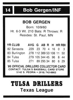 1986 Tulsa Drillers #14 Bob Gergen Back