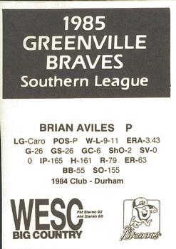 1985 WESC Greenville Braves #NNO Brian Aviles Back