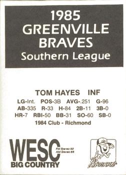 1985 WESC Greenville Braves #NNO Tom Hayes Back
