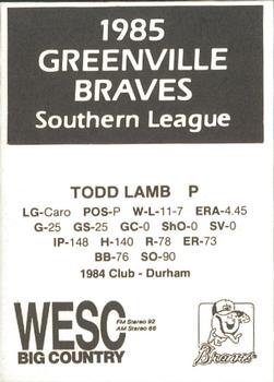 1985 WESC Greenville Braves #NNO Todd Lamb Back