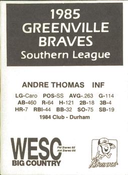 1985 WESC Greenville Braves #NNO Andres Thomas Back