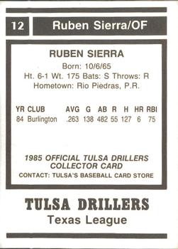 1985 Tulsa Drillers #NNO Ruben Sierra Back