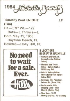 1984 Hills Nashville Sounds #NNO Tim Knight Back