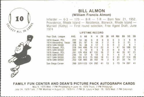 1979 Family Fun Center Dean's Photo San Diego Padres #10 Bill Almon Back