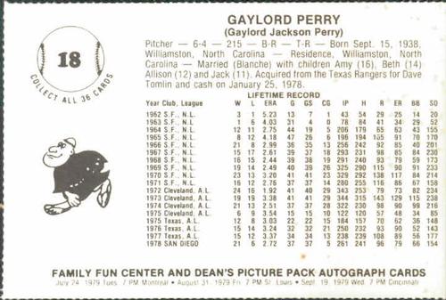 1979 Family Fun Center Dean's Photo San Diego Padres #18 Gaylord Perry Back