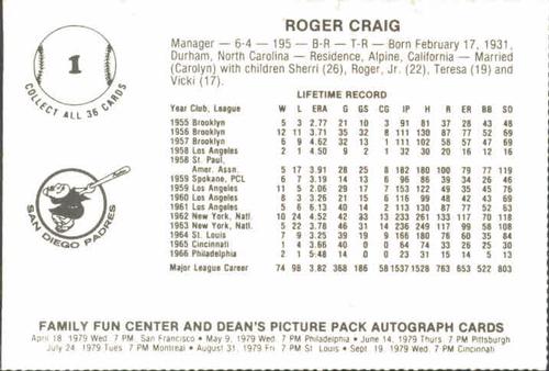 1979 Family Fun Center Dean's Photo San Diego Padres #1 Roger Craig Back