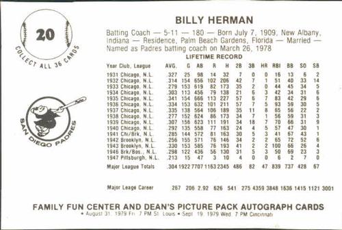 1979 Family Fun Center Dean's Photo San Diego Padres #20 Billy Herman Back
