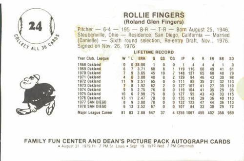 1979 Family Fun Center Dean's Photo San Diego Padres #24 Rollie Fingers Back