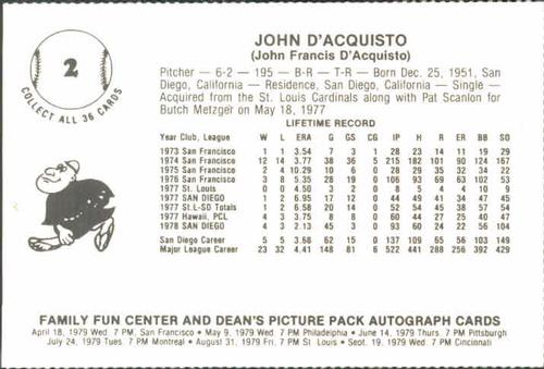 1979 Family Fun Center Dean's Photo San Diego Padres #2 John D'Acquisto Back