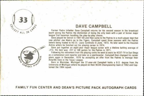 1979 Family Fun Center Dean's Photo San Diego Padres #33 Dave Campbell Back