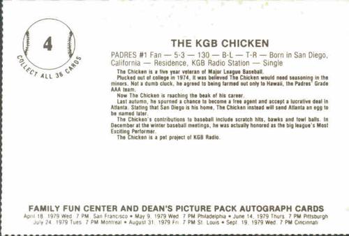 1979 Family Fun Center Dean's Photo San Diego Padres #4 The KGB Chicken Back