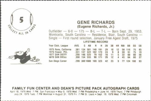 1979 Family Fun Center Dean's Photo San Diego Padres #5 Gene Richards Back