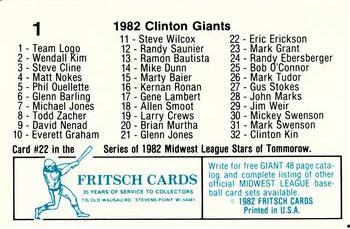 1982 Fritsch Clinton Giants #1 Checklist Back