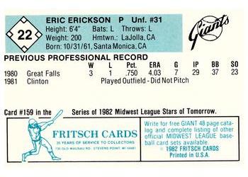 1982 Fritsch Clinton Giants #22 Eric Erickson Back