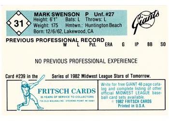 1982 Fritsch Clinton Giants #31 Mark Swenson Back