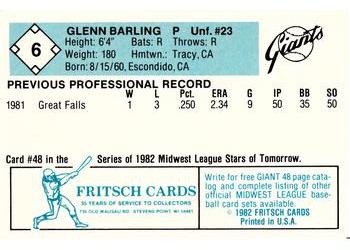 1982 Fritsch Clinton Giants #6 Glenn Barling Back