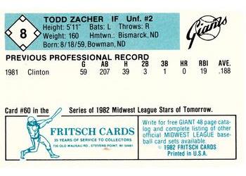1982 Fritsch Clinton Giants #8 Todd Zacher Back