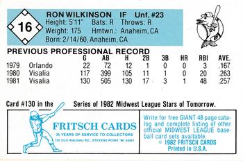 1982 Fritsch Madison Muskies #16 Ron Wilkinson Back